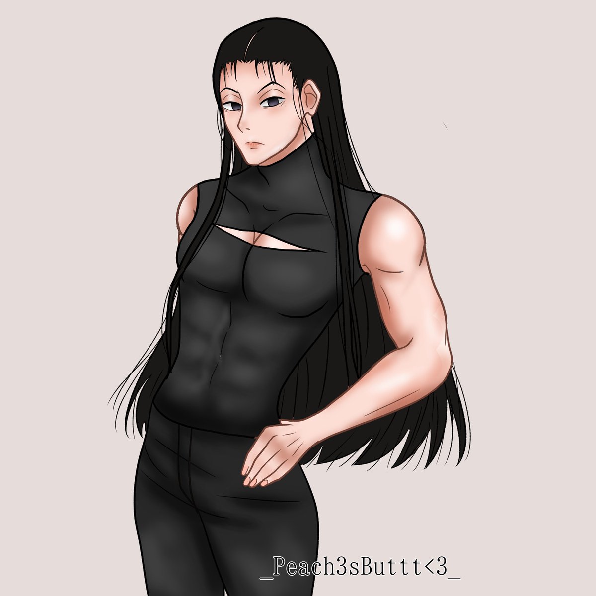 Illumi in a turtle neck, sleeveless,and a slit open on his chest part all in a black tight shirt. With a black pants, posing with his hand on his hip, His body facing another way while his head is facing front with his blank stare and a high rise eyebrows, and his long black hair flow.