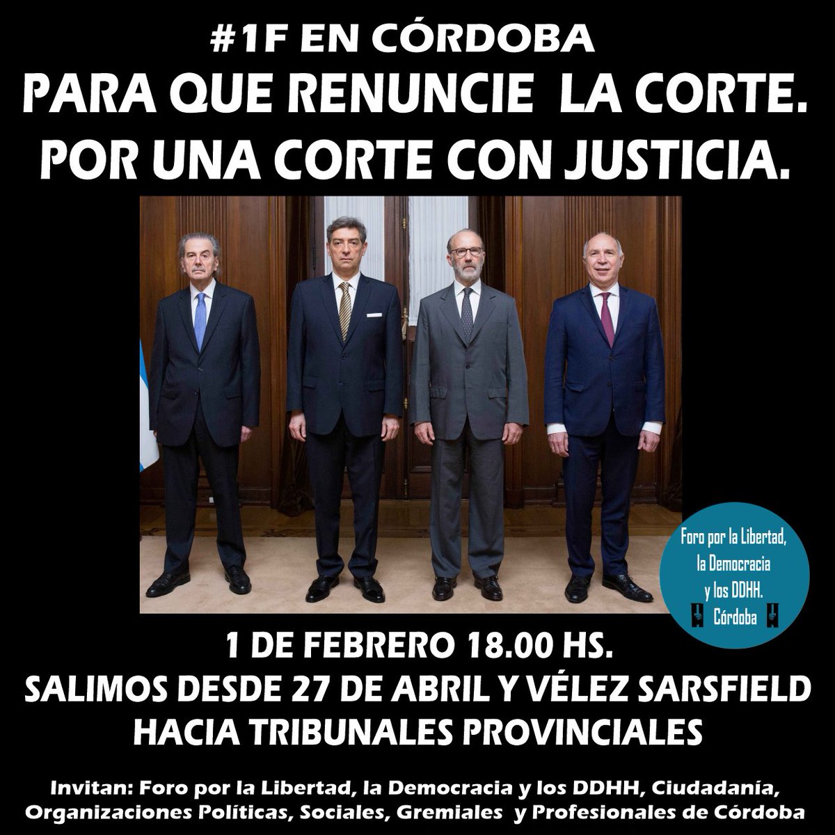 PI_cba's tweet photo. 📢 Convocatoria #1F en Córdoba 🔆
👉🏽 Para que renuncie la Corte 💪🏽
👉🏽 Por una Corte con justicia 💪🏽
📆 1 de febrero 18 hs. 🕕 
📌 Salimos desde 27 de abril y Av. Vélez Sarsfield hacia Tribunales Provinciales.
👍 Con protocolo sanitario, trae tu barbijo. 😷 https://t.co/IJUJbh2nyz