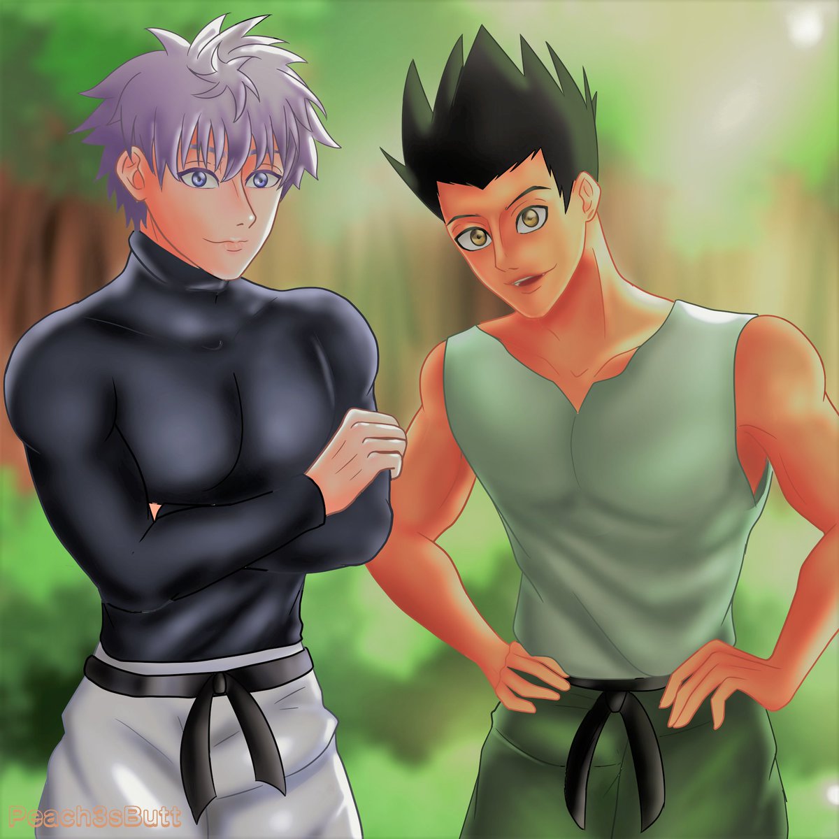 Killua and Gon together. Killua with a dark blue longsleeve+turtle neck, and a white pants with a black tie belt. Crossing his arms hile looking infront with his blue eyes and white hair. Gon with a light-greyish green tank top and a green pants with a black tie belt. With his both his hands on his hips, with his dark green hair and brown eyes-smiling/talking.(Gon and Killua here are 18+)