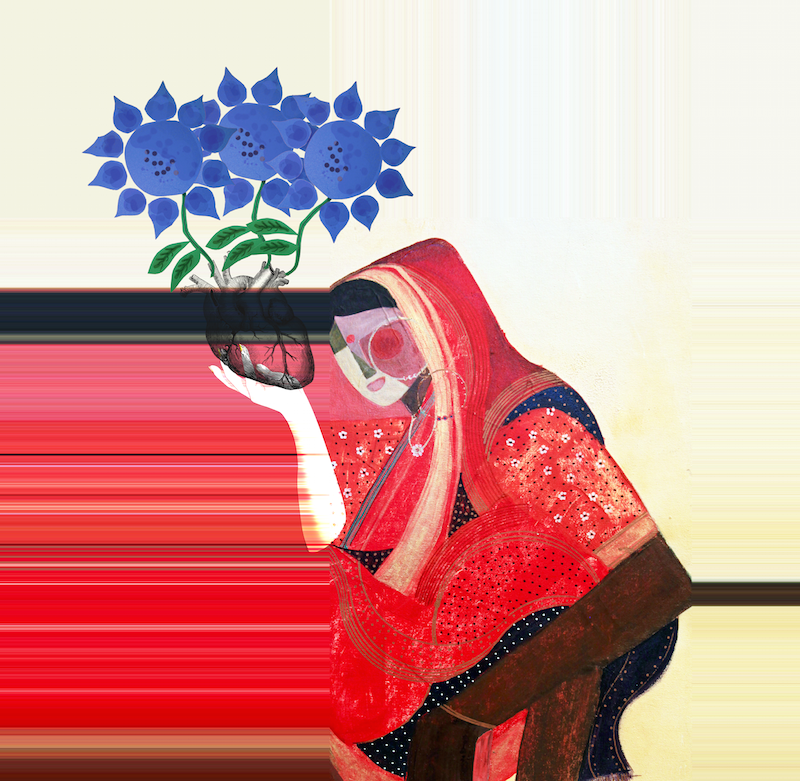 Indian {Mona} Lisa Series  (100 paintings)
by Sid K

"My flowers grow from my Heart II" 2022, Sid Katragadda
3200 × 3264 px acrylic/ink/digital painting