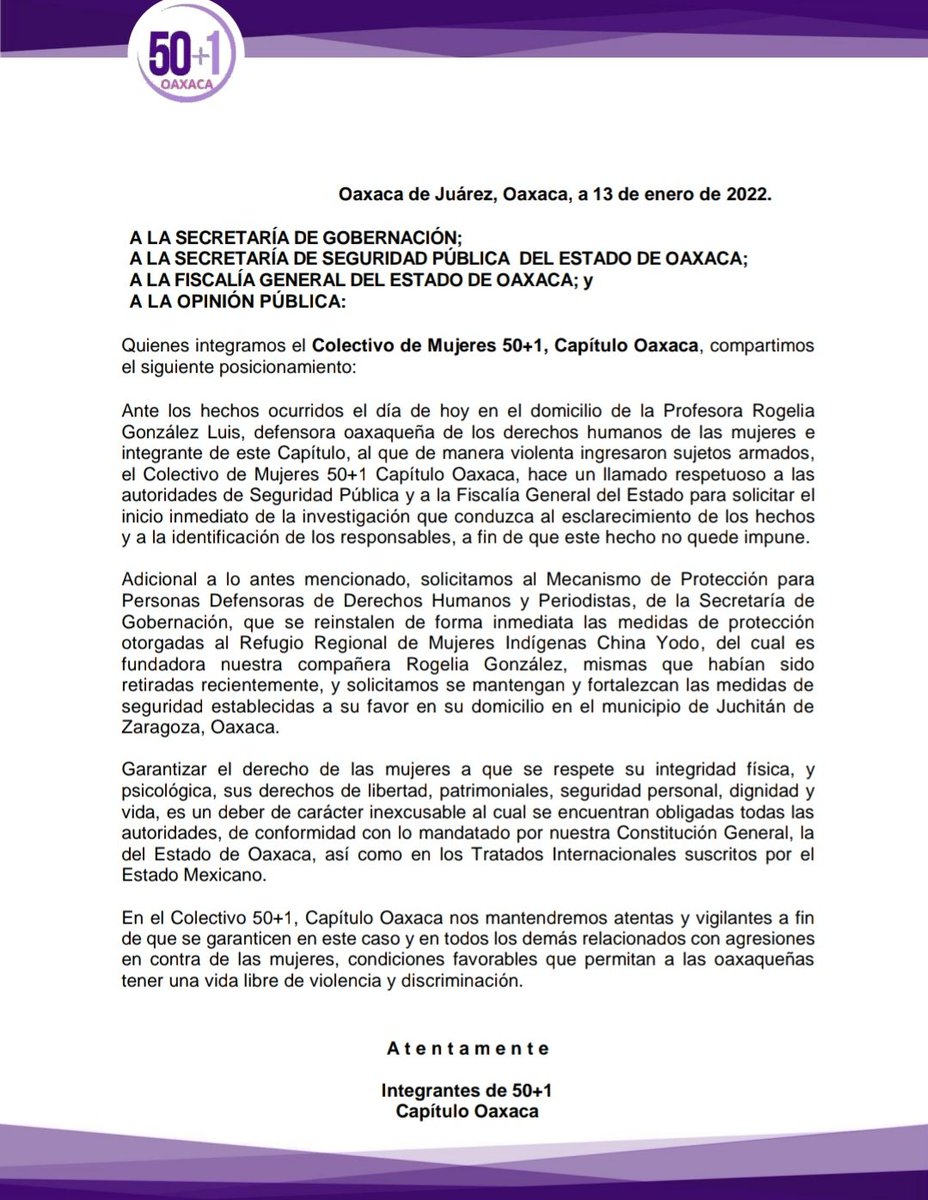50mas1Oax's tweet photo. Las integrantes de @50mas1Oax suscribimos el siguiente posicionamiento en relación con los hechos de violencia ocurridos hoy en el domicilio de nuestra compañera @RogeliaGLuis en Juchitán, Oaxaca. Hacemos un llamado urgente a todas las autoridades para garantizar su seguridad. https://t.co/sAQppyyrAN