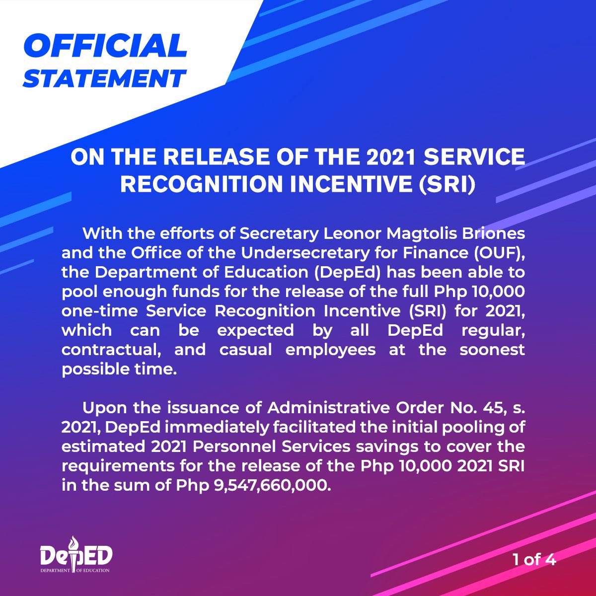 DepEd_PH's tweet photo. DepEd paid the P7,000 per employee during the 2021 Christmas season and we are monitoring the status of the actual payment by the field offices of the remaining P3,000 SRI per employee. 

Read: https://t.co/xx4qw1Y60e https://t.co/MwJaz8JBPh