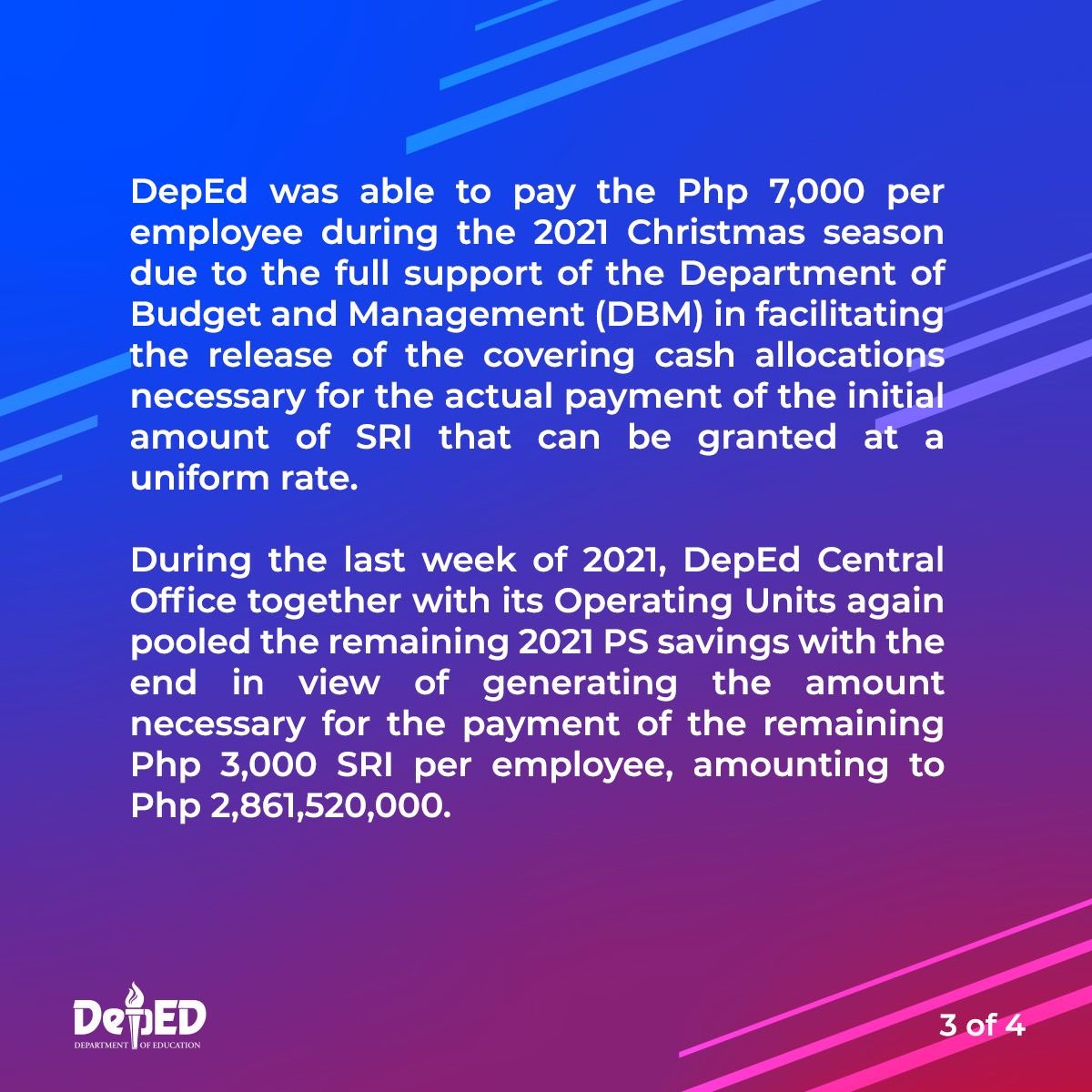 DepEd_PH's tweet photo. DepEd paid the P7,000 per employee during the 2021 Christmas season and we are monitoring the status of the actual payment by the field offices of the remaining P3,000 SRI per employee. 

Read: https://t.co/xx4qw1Y60e https://t.co/MwJaz8JBPh