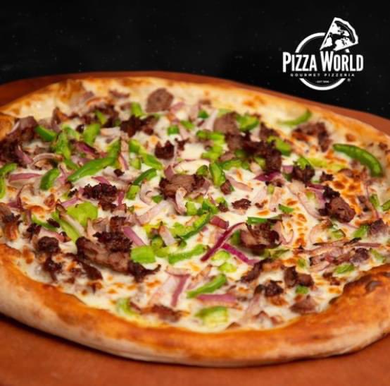Have you tried Pizza World's Philadelphia pizza? We start with our homemade dough, top it with G