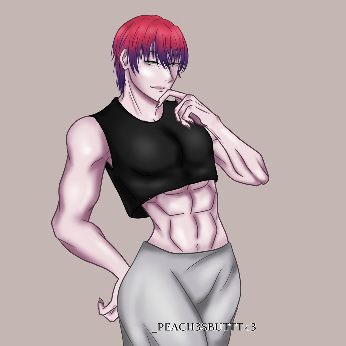 Hisoka in a black crop top and a white flowy pants, posing with his back kinda arch and hand on his hip and his other hand on his chin while looking infront, His pale skin and his pink-purple shaded hair, smirking looking infront.