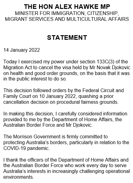 gusbruno7's tweet photo. Here's @AlexHawkeMP's statement on cancelling @DjokerNole's visa.

He says it was done "on health and good order grounds, on the basis that it was in the public interest to do so".

#auspol #AusOpen https://t.co/Wbx8IJYai0