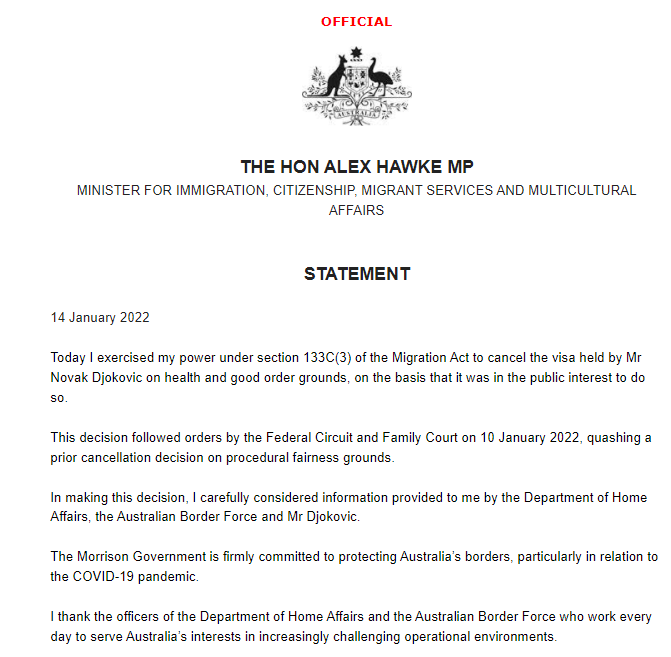 BenRothenberg's tweet image. BREAKING:

Alex Hawke, the Australian Minister for Immigration, has cancelled Novak Djokovic&apos;s Australian visa &quot;on the basis that it was in the public interest to do so.&quot;

This is effectively a re-deportation order for the unvaccinated nine-time #AusOpen champion.