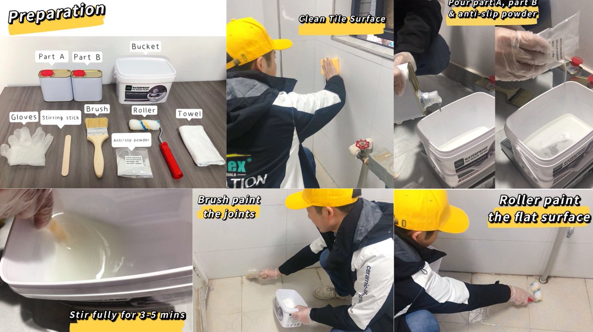 Perflex PW-800 is made of advanced Polyaspartic material. It is a super waterproof and anti-QUV transparent membrane. It does not need to break the tiles. The process is simple. just brush a layer on the surface, indoors and outdoors, it can be put into use in 24 hours.