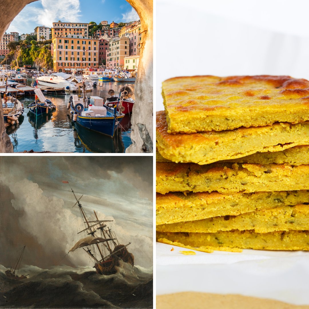 casa_roberta's tweet photo. In 1284 a ship from Genoa was caught  in a storm: barrels of olive oil &amp; chick flour spilled onto the deck.  The sailors collected  the mixture in pancakes leaving them to dry in the sun. This is, according to the legend, how #Farinata originated, a typical dish from… https://t.co/iA6ULhwyNi