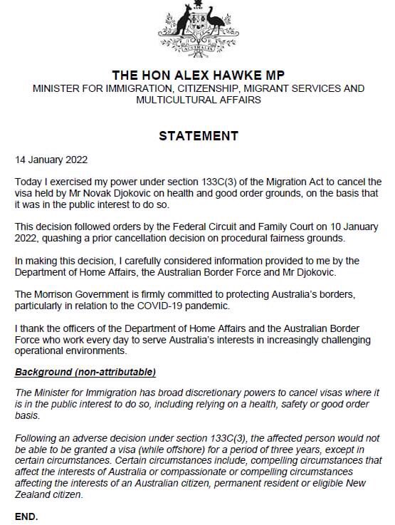 StatchatSports_'s tweet photo. The decision has been made. Novak Djokovic visa has officially been canceled ❌ #DjokovicOut #AO2022 #Djokovic #Novak_Djokovic #NovakOut #AusOpen https://t.co/tvfJyMnwXk