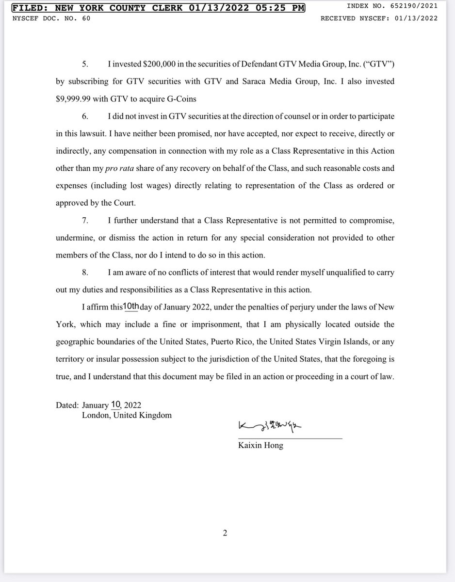2022-1-13 律师上书法庭，申请将代理的案件正式认证为集体诉讼

集体诉讼的范围包括：

2020-4-1以来，
通过
1 ）GTV/Saraca直接投资
2 ）VOG
3）各地农场G-CLUB
投资之GTV股份；

被告： GTV、Saraca、郭文贵