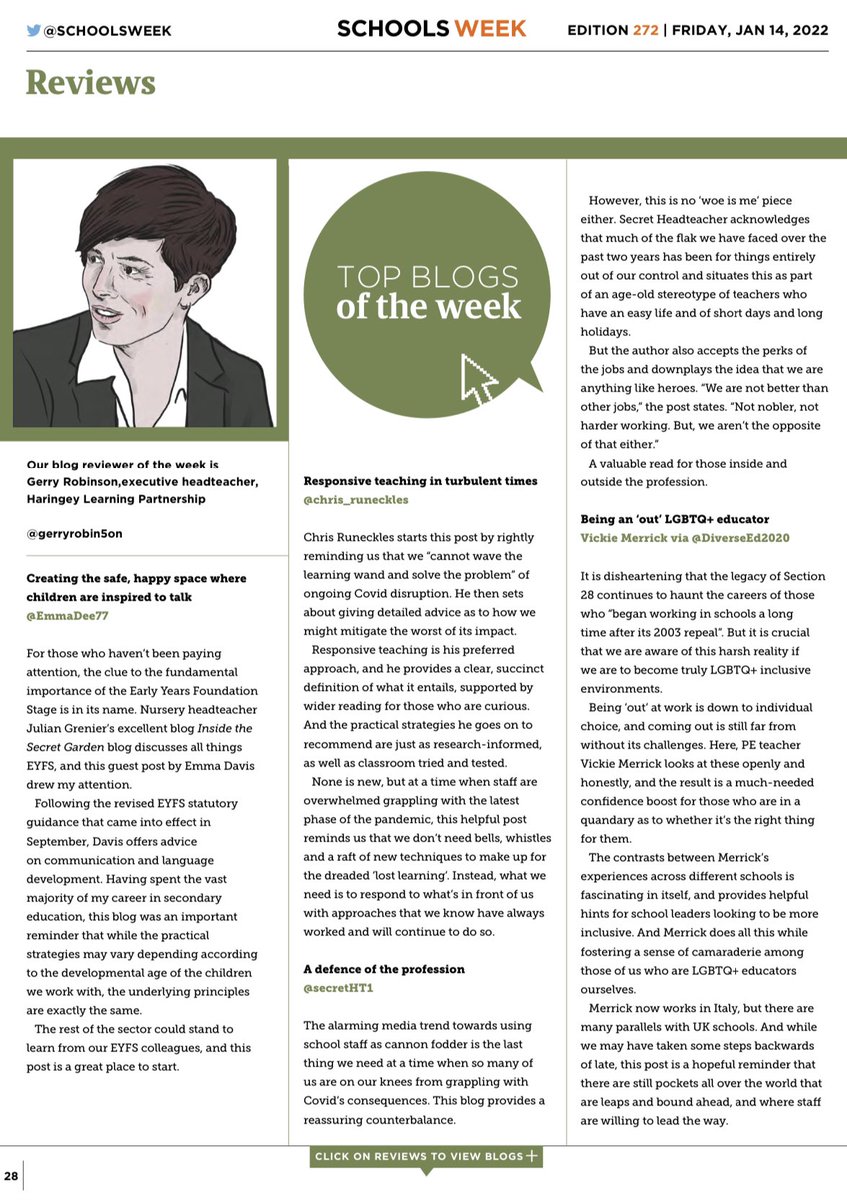 These are my top blogs of the week as featured in the latest edition of @SchoolsWeek. Thank you to @EmmaDee77 @chris_runeckles @secretHT1 @DiverseEd2020 for the inspiration. #edublogshare