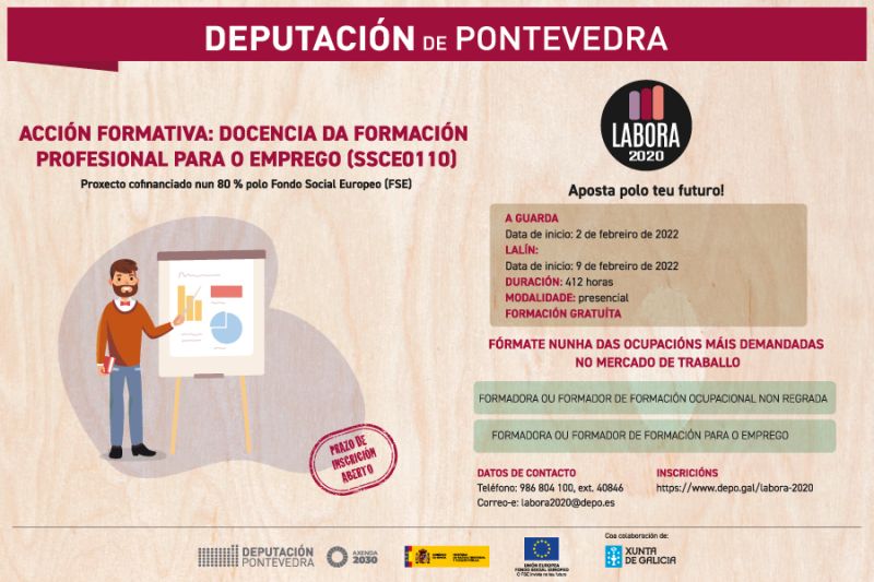 depo_es's tweet photo. 👩🎓👨🎓 No marco do #Labora2020 organizamos en febreiro 2 accións formativas de balde. Aposta polo teu futuro!
➡ Docencia da formación profesional para o emprego
📍 @AGuarda_es e @ConcellodeLalin
🏢 Oficina Solicita o código na túa oficina de emprego
👉 https://t.co/fyyycRbQSN https://t.co/fHPUUafFNY