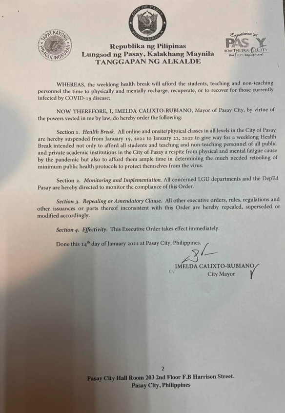 manilabulletin's tweet photo. JUST IN: Pasay City Mayor Emi Calixto-Rubiano declares a weeklong health break from Jan. 15 to Jan. 22, 2022 for all public and private academic institutions in the city. #WalangPasok | @bobreyes https://t.co/xAQsruFdNj