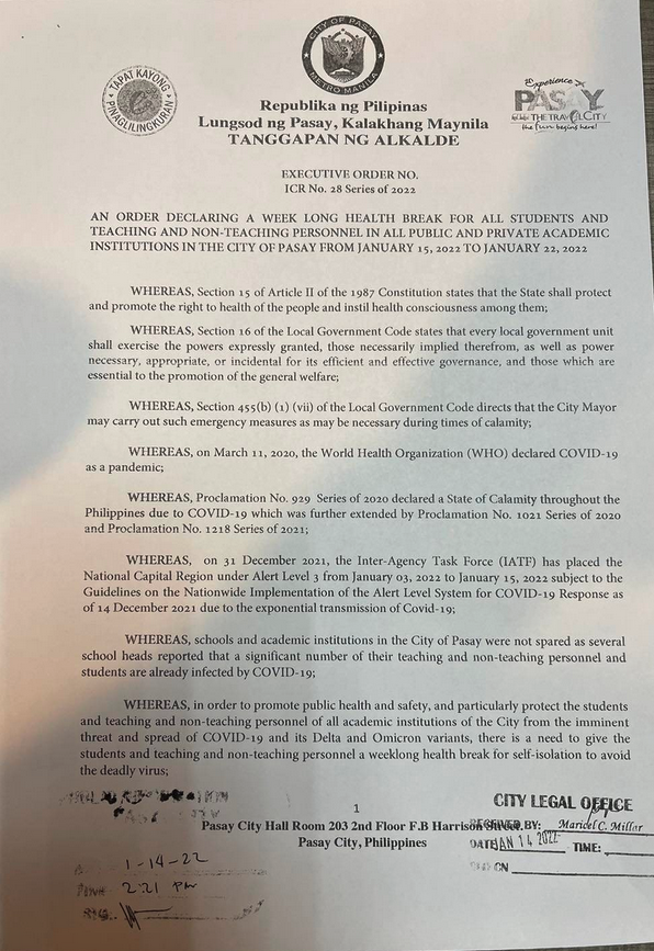 manilabulletin's tweet photo. JUST IN: Pasay City Mayor Emi Calixto-Rubiano declares a weeklong health break from Jan. 15 to Jan. 22, 2022 for all public and private academic institutions in the city. #WalangPasok | @bobreyes https://t.co/xAQsruFdNj