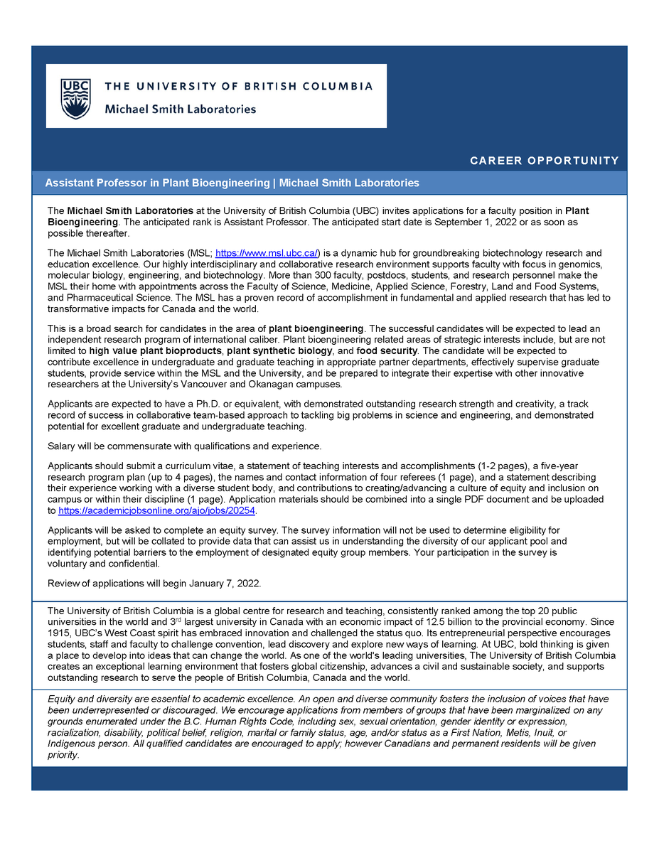 Outstanding assitant professor position in Plant Bioengineering | Michael Smith Laboratories. Please share or RT. @BohlmannLab