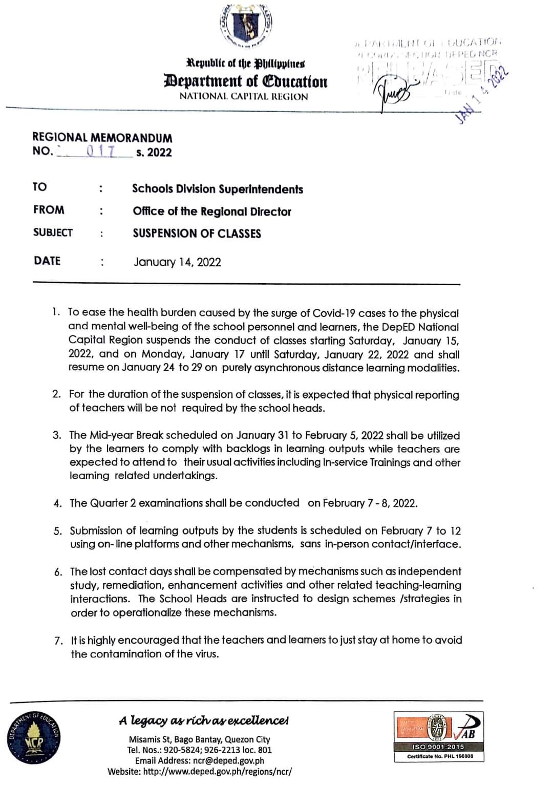 Ncr 2022 Schedule Arra Perez On Twitter: "Deped Ncr Suspends Classes From Jan. 15 To 22 For  All Public Schools, Kinder To High School, In The Region @Dzmmteleradyo  @Abscbnnews Https://T.co/7X7Qmsqtju" / Twitter