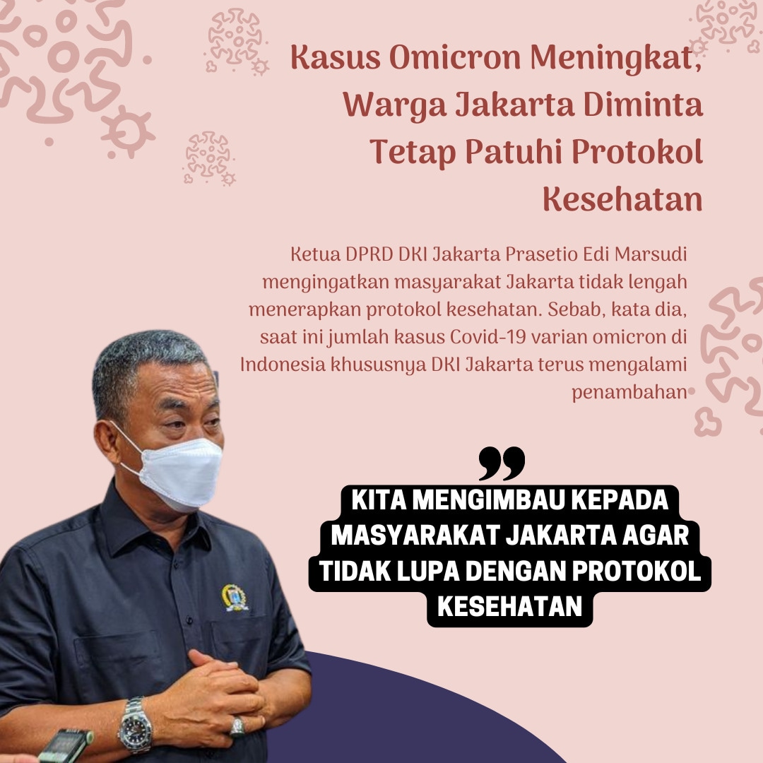 InfoNKR1's tweet photo. Kasus Omicron Meningkat, Warga Jakarta Diminta Tetap Patuhi Protokol Kesehatan

Ketua DPRD DKI Jakarta Prasetio Edi Marsudi mengingatkan masyarakat Jakarta tidak lengah menerapkan protokol kesehatan.

@KemenkesRI https://t.co/EAoPeo43ie