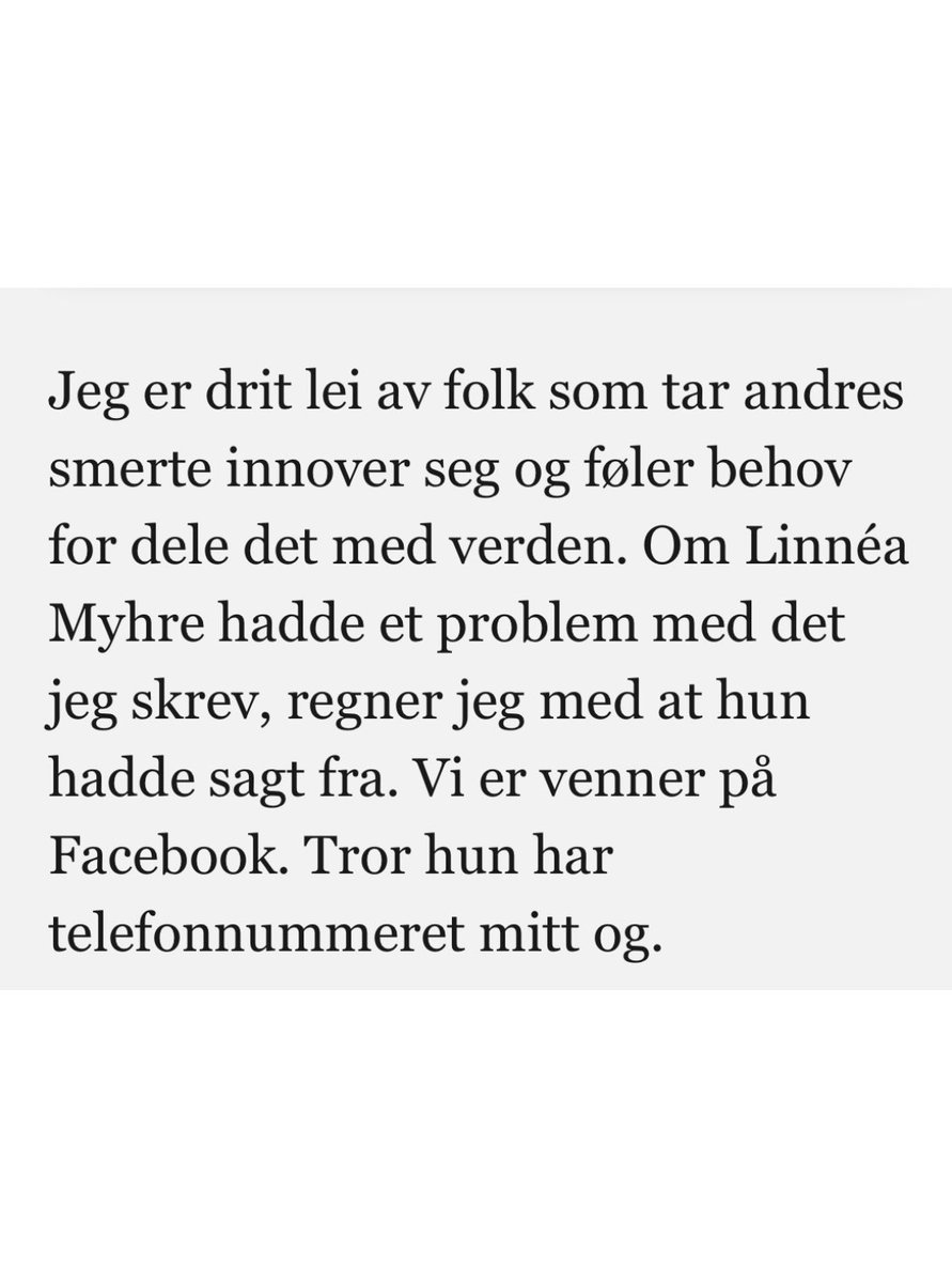 Tror ordet Christer Falck leter etter her er empati? Men så har han rett i at jeg ikke reagerer for Linnéa Myhre sin skyld. Men signaleffekten det gir å redusere spiseforstyrrelser, som 50 000 norske kvinner mellom 15-44 har TIL ENHVER TID - til «noen fingre i halsen».