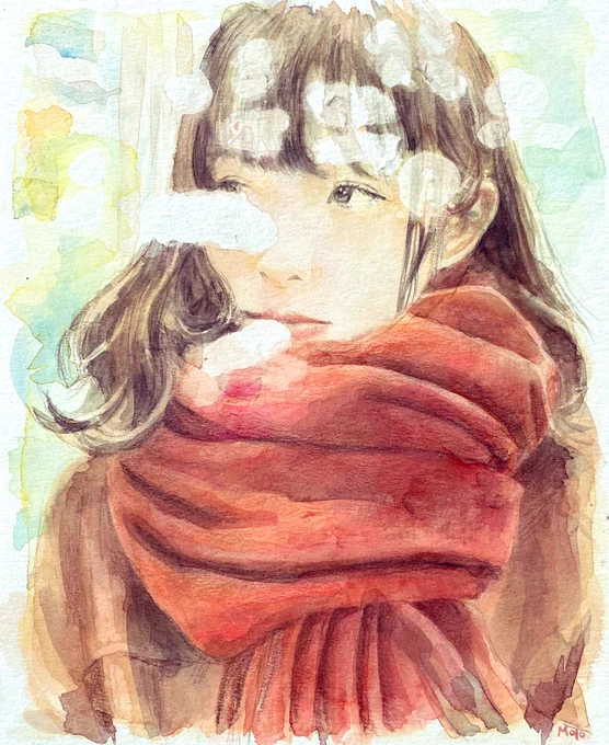 『 まなざし 』
透明水彩、ヴィフアール紙

#絵描きさんと繋がりたい 
#イラスト好きさんと繋がりたい 
#みんなで楽しむTwitter展覧会 
#イラスト #水彩画 #マフラー 