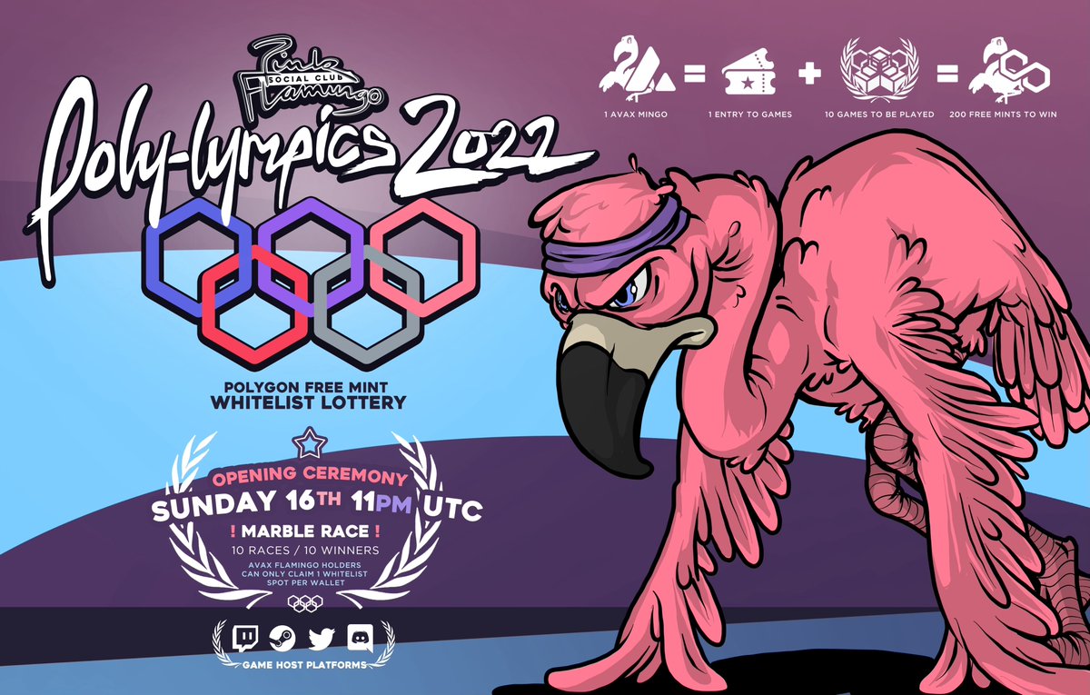 FTMFlamingo's tweet photo. 🥁🥁🥁 Introducing the POLY-LYMPICS!!

In preparation for our $MATIC MINT, LET THE GAMES BEGIN! 

📢 FREE MINT / WHITELIST LOTTERY!
📢 EVERY $AVAX MINGO = 1 ENTRY
📢 200 SPOTS 
📢 MULTIPLE GAMES 

Opening ceremony this SUNDAY 11pm UTC 

LFG!! 🦩🚀🔥

#POLYGON #MATIC #NFT #NFTs https://t.co/rCxOLZJcAz