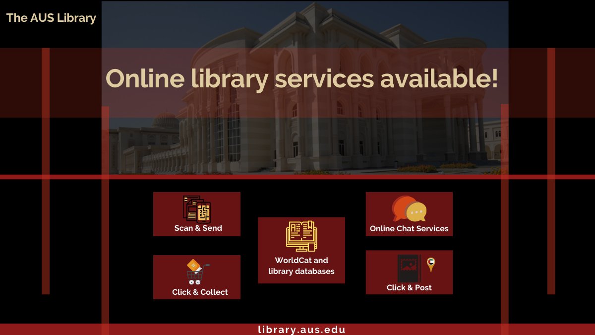 AUS_Library's tweet photo. The library is ready to assist you for the Spring 2022 semester! Take a look at how we can help you virtually! 

#auslibrary #researchhelp #spring2022 #virtualappointment #remotelearning #onlinelearning #Proud_AUSer! #onlinechat #scanandsend #clickandpost #scanandsend #worldcat https://t.co/YZOcPUMnYD