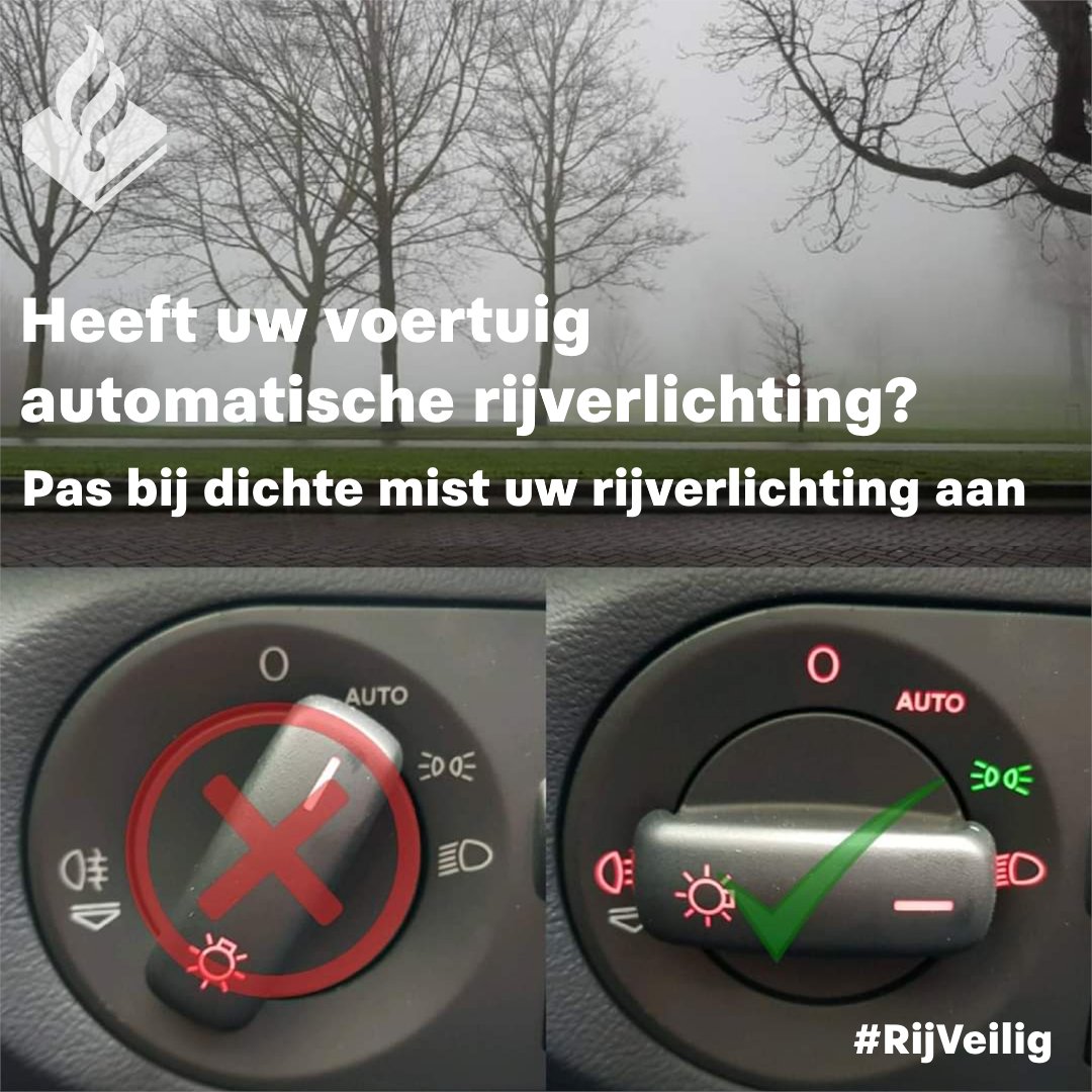 De automatische rijverlichting van uw auto reageert niet op mistig weer. Zet bij mist uw verlichting handmatig op dimlicht. Meer informatie over rijden bij mist: anwb.nl/verkeer/veilig… <a href="/ANWBverkeer/">ANWB Verkeersinformatie</a> #RijVeilig #Verkeersveiligheid #anwb