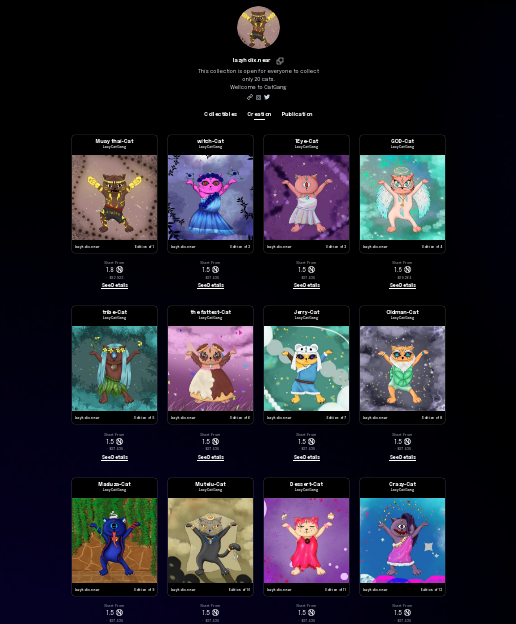 Nft_Psycho's tweet photo. See digital card collectibles and creations from lazyholix.near. This collection is open for everyone to collect only 20 cats.
Wellcome to CatGang
https://t.co/sOQ6PZd3FY
#ThaiNFT #NFTTHAILAND #NFTthai #NFTCommunity #NFTcollection  #nftart #nftcollector #pearlgrayNFT #PARASnft https://t.co/tz0JcbEN4x