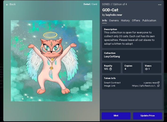 Nft_Psycho's tweet photo. See digital card collectibles and creations from lazyholix.near. This collection is open for everyone to collect only 20 cats.
Wellcome to CatGang
https://t.co/sOQ6PZd3FY
#ThaiNFT #NFTTHAILAND #NFTthai #NFTCommunity #NFTcollection  #nftart #nftcollector #pearlgrayNFT #PARASnft https://t.co/tz0JcbEN4x