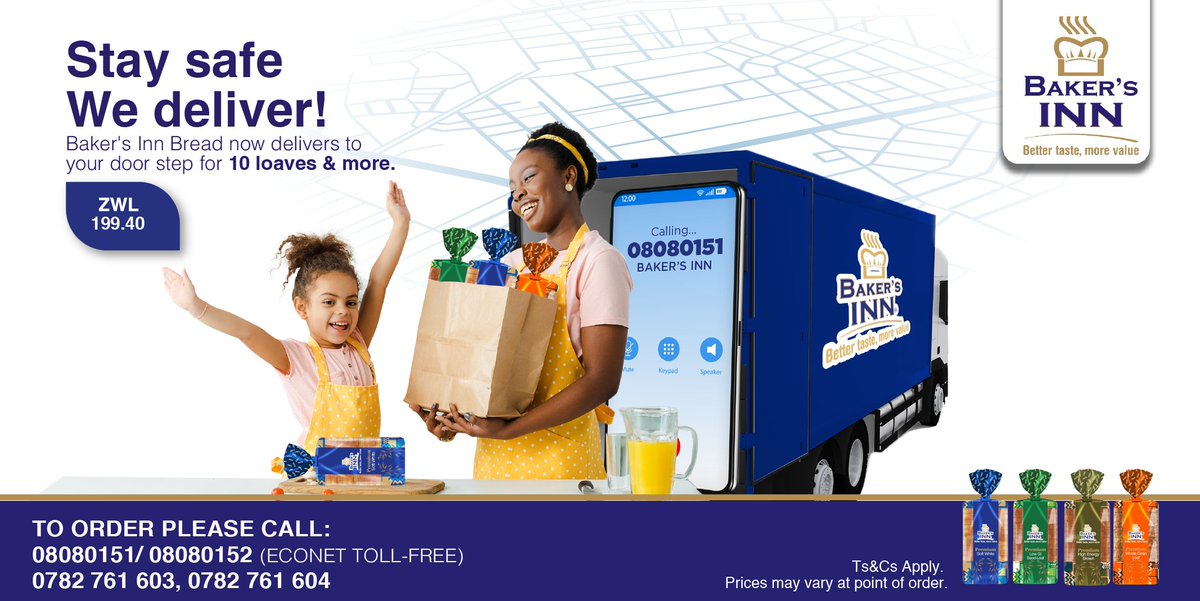 BakersInnZW's tweet photo. Did someone say bread delivery? We’re a Toll Free call away! We want you to stay safe while we deliver your bread in the comfort of your home.
Simply place your order a day before between 6am and 8pm and your bread will be delivered the next day.
We’ve got you! #KaSoftLife https://t.co/5vGM3w9pOg