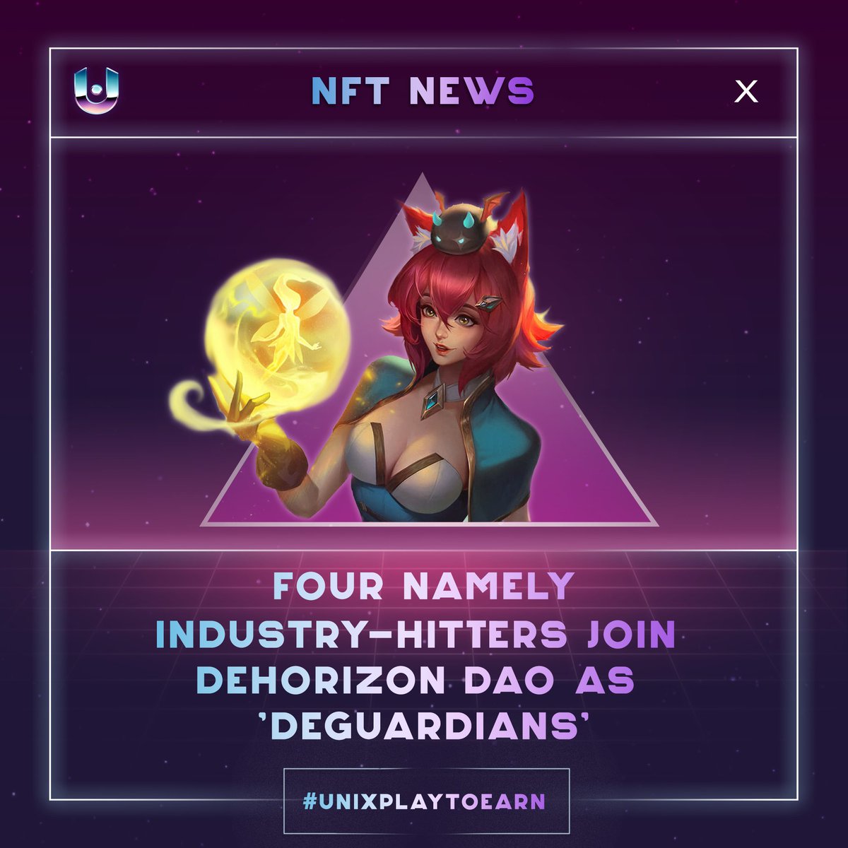unixcorpgg's tweet photo. 🎉@DeHorizonfun has selected their top 4 'DeGuardians' which are @BinanceLabs, @Griffin_GP, @dragonfly_cap, and @Sfermion_ via community votes!

The four industry pioneers will be joining the #metaverse #DAO!

Source:
https://t.co/T5NYmVR38L

#UniX #NFTNews #P2E #NFTGames #F2P https://t.co/rfzlEKIwRR