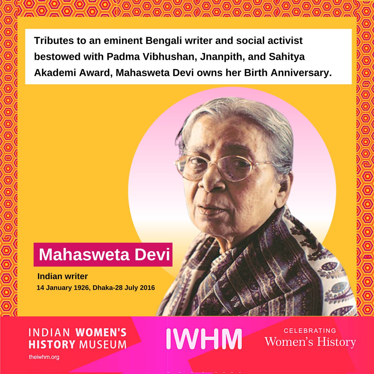 theiwhm's tweet photo. #MahaswetaDevi
Tributes to an eminent Bengali writer and social activist bestowed with Padma Vibhushan, Jnanpith, and Sahitya Akademi Award. On Her Birth Anniversary 🙏💐
#WomenWhoMadeHistory #TheWomenMuseumIndia
#TheIWHM #CelebratingWomenHistory #IndianWomenHistoryMuseum https://t.co/tiHybmHg6w