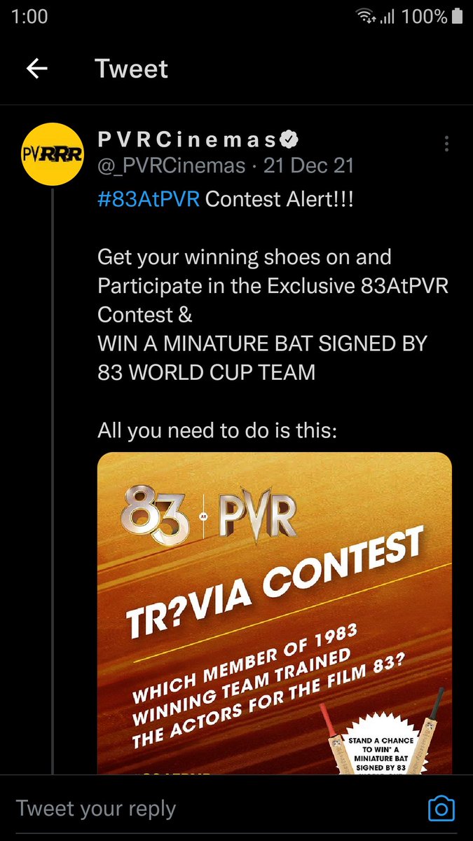 Gaurang321's tweet photo. Hello Sir, @SanjeevBijli Your Social Media Team Organised A Contest #83AtPVR But Still Haven't Declared The Winners. Can You Ask Them To Publish The Decalre/Set Of Winners For Autographed Bat. @_PVRCinemas @PVRSupport @PicturesPVR https://t.co/dSWGVX6t3p