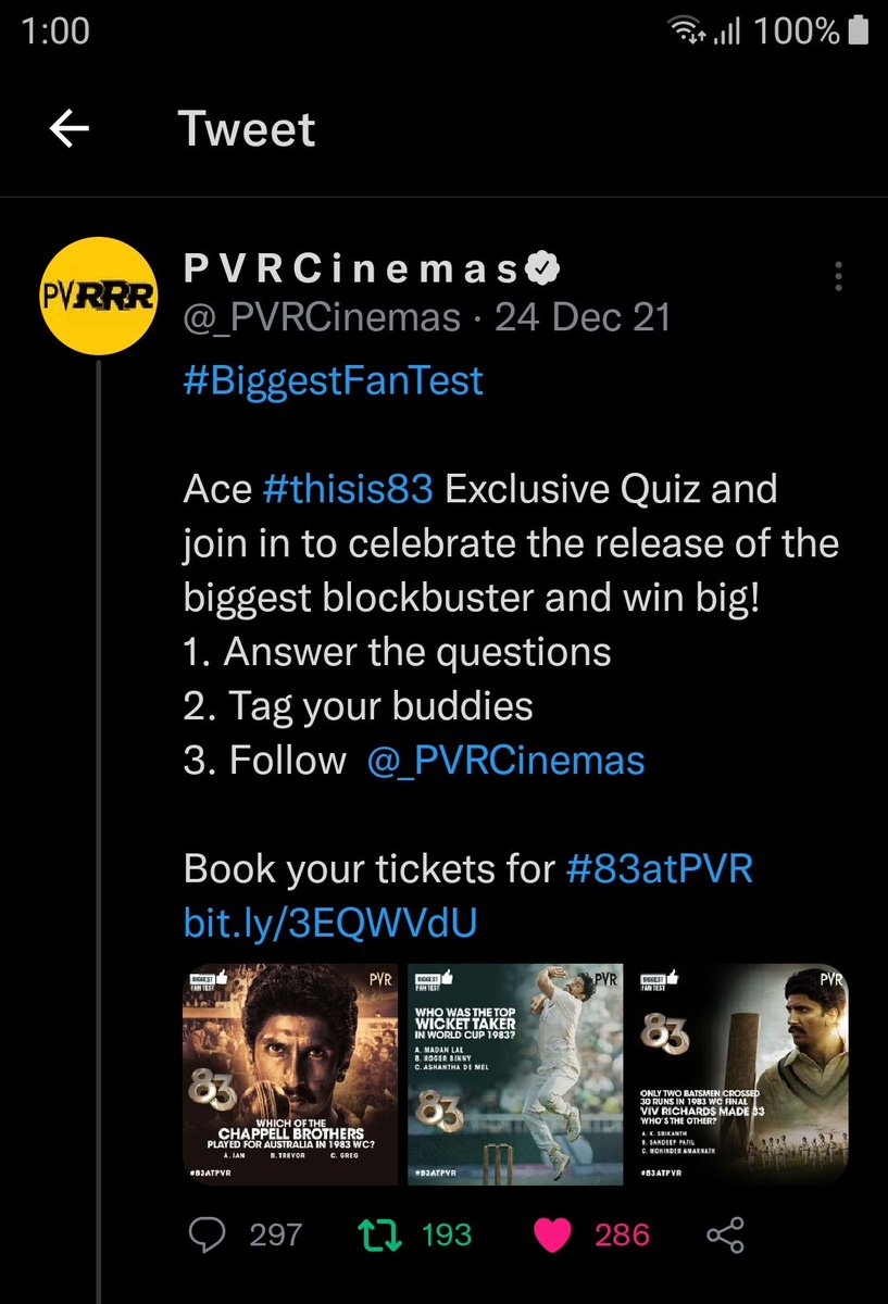 Gaurang321's tweet photo. Hello Sir, @SanjeevBijli Your Social Media Team Organised A Contest #83AtPVR But Still Haven't Declared The Winners. Can You Ask Them To Publish The Decalre/Set Of Winners For Autographed Bat. @_PVRCinemas @PVRSupport @PicturesPVR https://t.co/dSWGVX6t3p