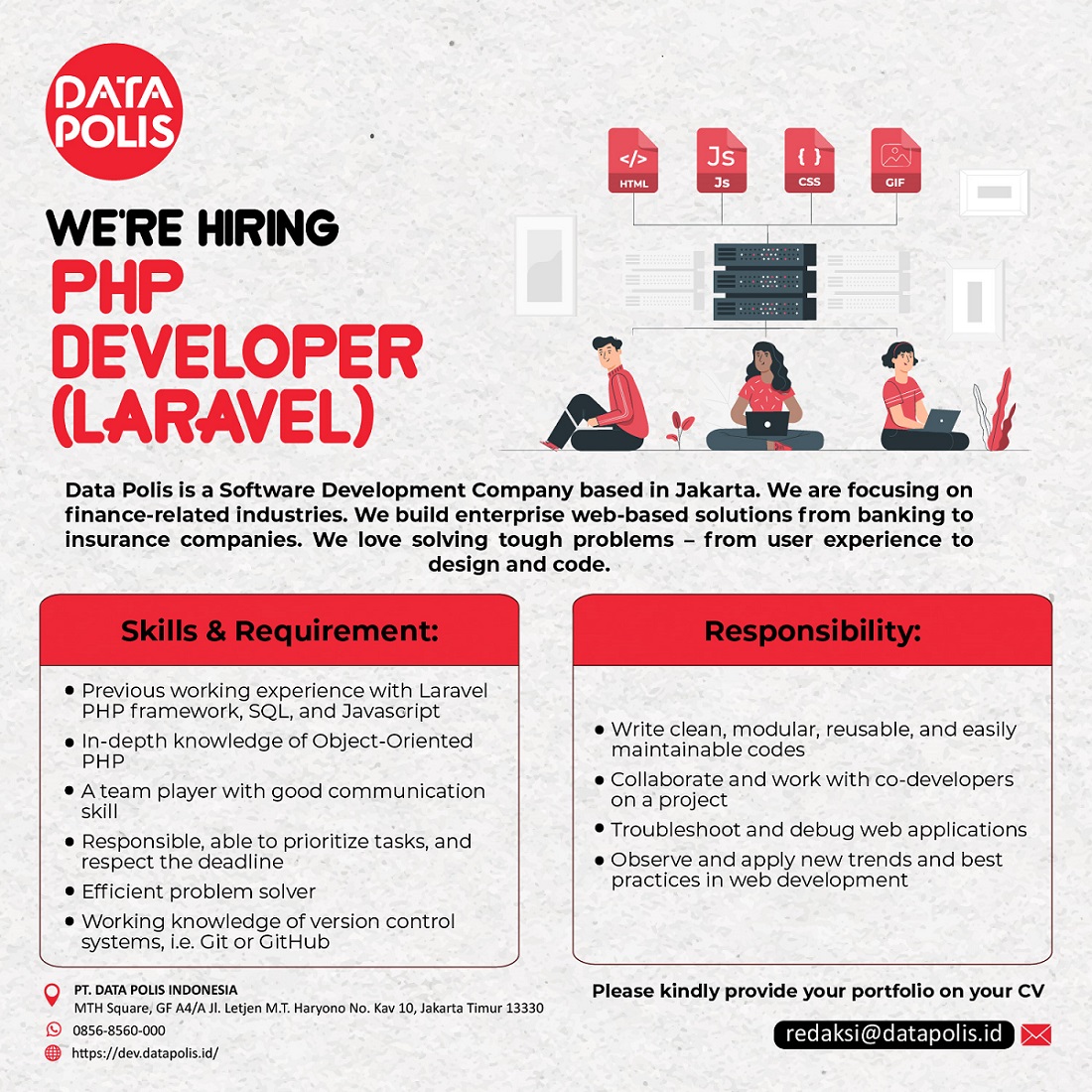 datapolis_id's tweet photo. We're Hiring PHP Developer (Laravel) 

 Lowongan Kerja 
📍Jakarta Timur
#lowongankerja #loker #lokerjakarta #loker2022 #lokerjakarta https://t.co/LSDrOP8uYq