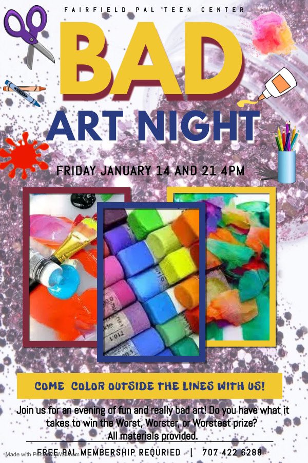 pal_fairfield's tweet photo. Come create a "disaster-piece" this Friday at PAL during our BAD #ART Night! 🎨🖌🖼🎭
Get creative and have a ton of fun when you #paint, #sculpt, #draw, #perfom, #sketch, and more in our judgement free zone! Create something for our gallery and win prizes! 🏆 https://t.co/5QdcCvWxzM