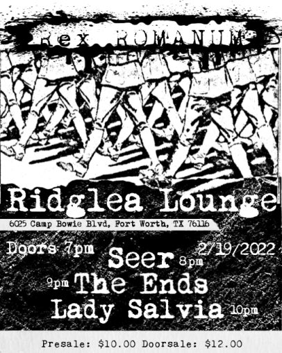 Saturday, February 19th
Rex Romanum • Seer • The Ends • Lady Salvia at the Ridglea Lounge

For Tickets ➡️ eventbrite.com/e/rex-romanum-…

@rxrmdotnet @seerbandofficial <a href="/theendstx/">The Ends</a> @ladysalviaband
