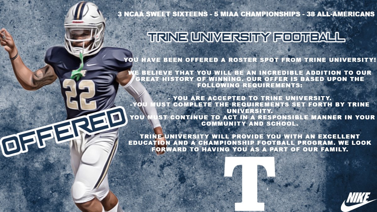 wyguy2022's tweet photo. After a great visit and great conversation with @CoachJKinsey I am excited to announce an offer to continue my Academic and Athletic Career at @TrineAthletics Football! https://t.co/U8bSoO4zng