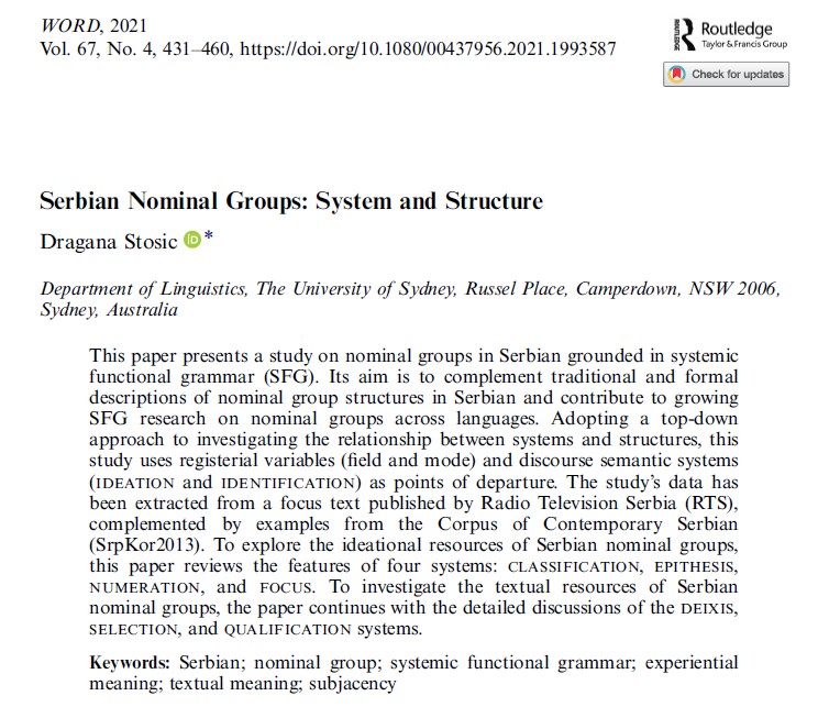 D_Stosic's tweet photo. My new paper on Serbian nominal groups from a systemic functional perspective --> https://t.co/2pKMEXWVOV (50 free copies if you don't have institutional access) #sysfunc #sysfling #sflig #ASFLANet https://t.co/6nx6eYQHPf