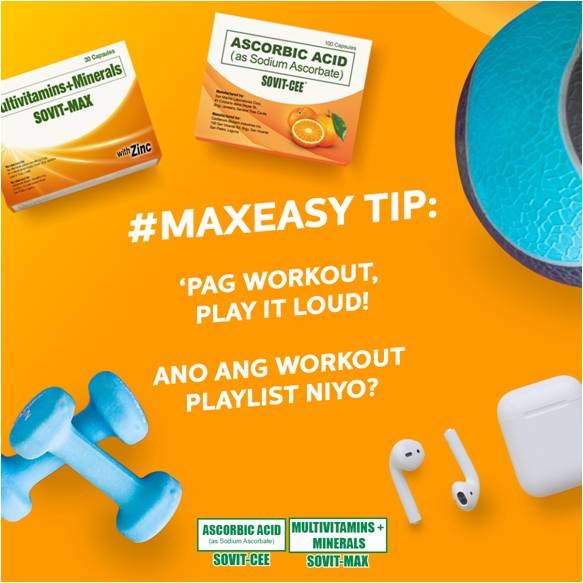 #GawingMaxEasyAngLife pati ang workout sessions! Just listen to your favorite songs while in action para bawas pagod.
Share your favorite workout jams with us!
sovitvitamins.com
#SovitVitamins #SovitCee #SovitMax #VitaminC #Zinc