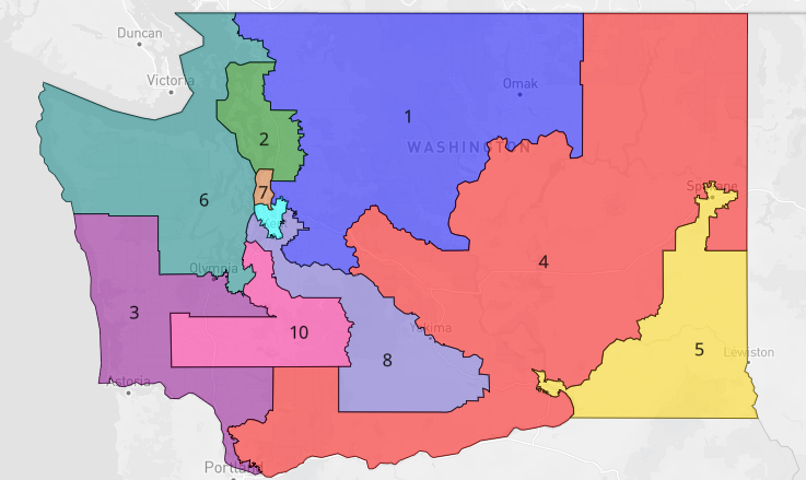 lad_map's tweet image. Washington Democrats could make a play for all but 1 seat if they controlled redistricting. District 5 would have only voted for Trump by less than 2 points. Other than district 4, all the other districts would have voted for Biden by 10+ points. #ElectionTwitter