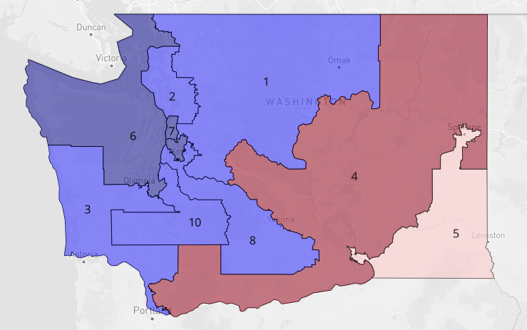 lad_map's tweet image. Washington Democrats could make a play for all but 1 seat if they controlled redistricting. District 5 would have only voted for Trump by less than 2 points. Other than district 4, all the other districts would have voted for Biden by 10+ points. #ElectionTwitter