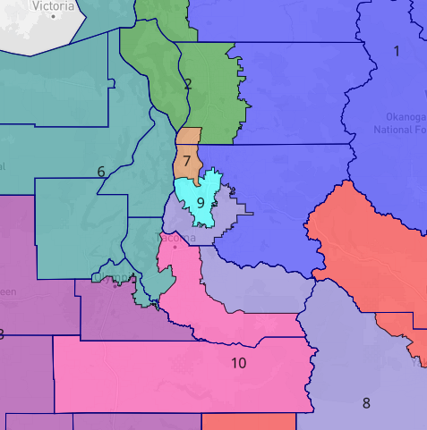 lad_map's tweet image. Washington Democrats could make a play for all but 1 seat if they controlled redistricting. District 5 would have only voted for Trump by less than 2 points. Other than district 4, all the other districts would have voted for Biden by 10+ points. #ElectionTwitter