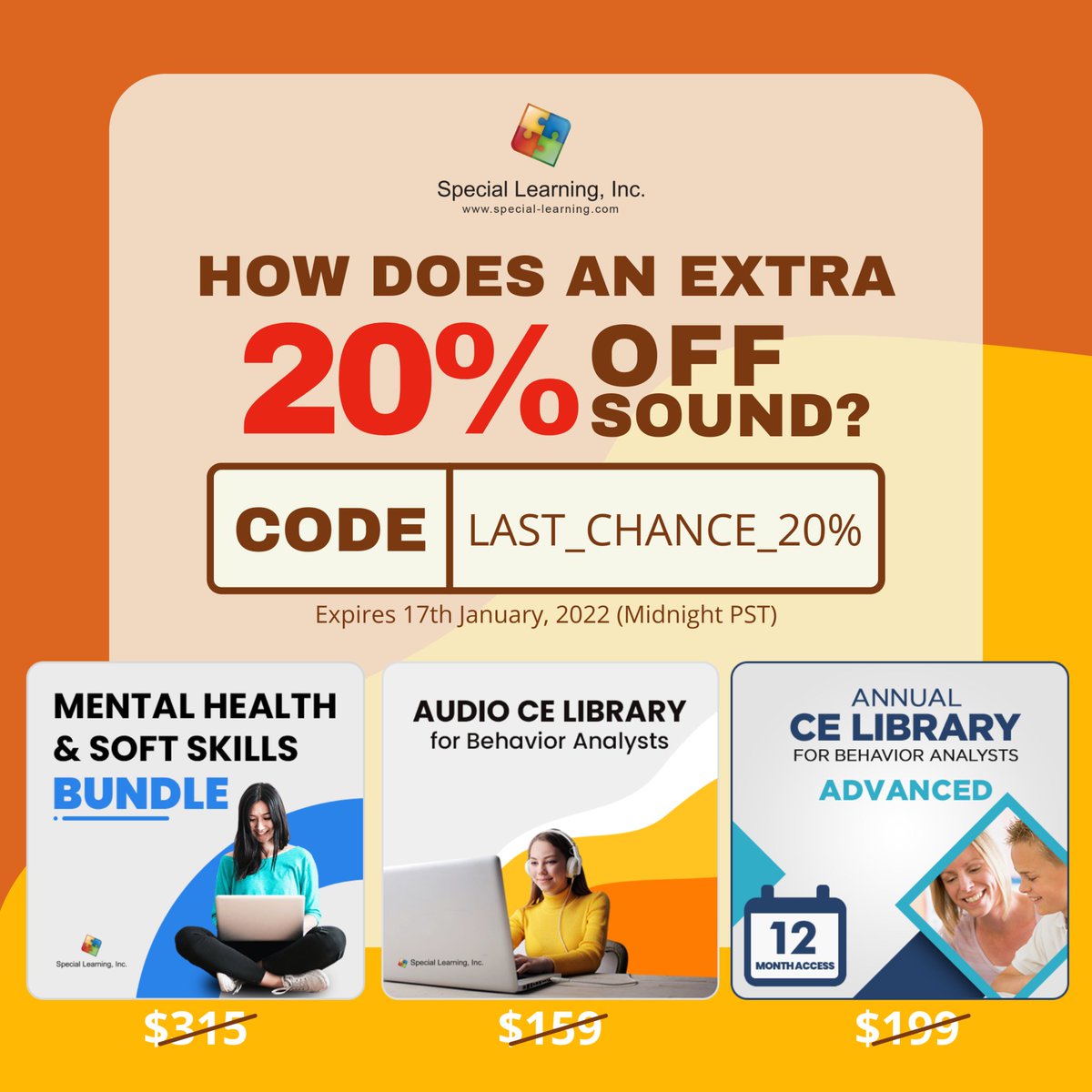 speciallearning's tweet photo. Are you still deciding where to get your CEUs? 🤔 How about we make it easy for you with extra savings? 

Use the code LAST_CHANCE_20% 📣 and get as much as $2 per CEU!
🔗 https://t.co/wZLQBbQx87

#SpecialLearning #BCBA #BCaBA #BCBAD #RBT #ABA #QABA #APA #ASHA #CEU #CE #CELibrary https://t.co/yaNjRrFxLH