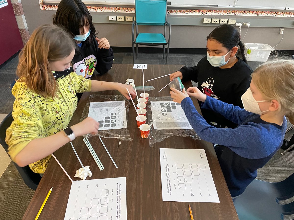 MissLansdon's tweet photo. Today students learned about chemical reactions with 
@MysterySci
 
We mixed substances and watched them fizz, bubble, clump, and become goop. Loved seeing this group so engaged! 
@RStar512 https://t.co/2eU2fEimPE