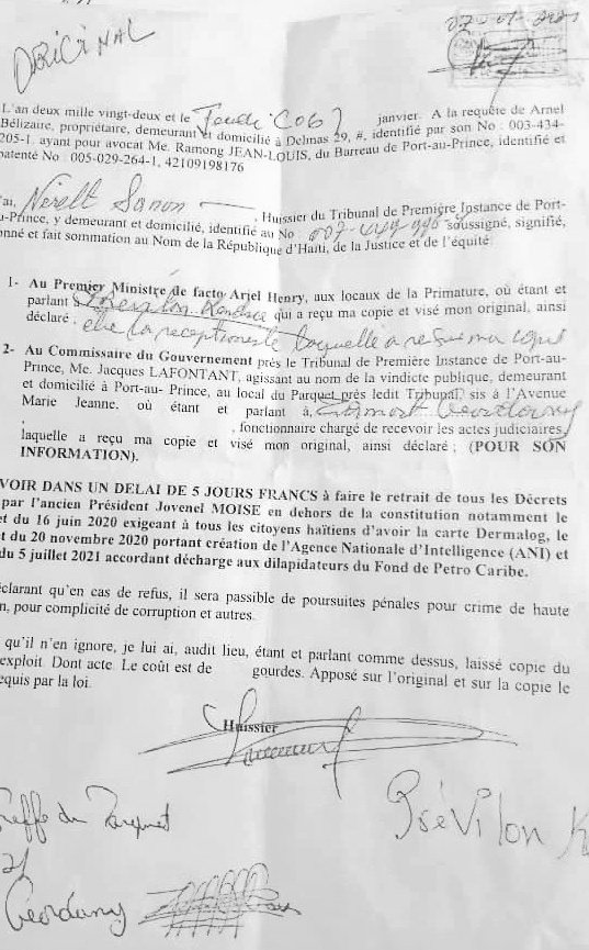Anthropost05's tweet photo. L'ex député #ArnelBelizaire somme le @DrArielHenry, le 7 janv  2022 et lui donne un délai de 5 jours francs pour annuler tous les décrets pris par @moisejovenel en dehors de la constitution: (décret 16 juin 2020 CINU, décret 20 novembre 2020 ANI, décret 5 juillet 2021  décharge). https://t.co/ORxCxnuuXe