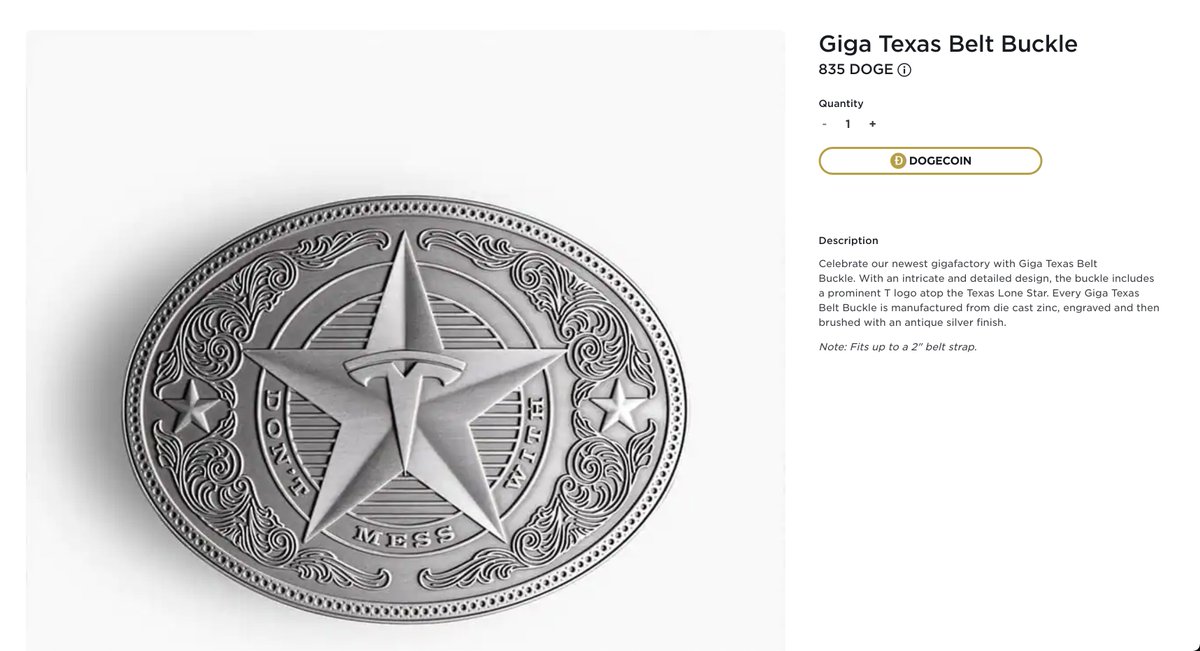 SawyerMerritt's tweet photo. BREAKING: Tesla has launched Dogecoin purchases on their online shop! You can purchase the Cyberwhistle for 300 $DOGE. The Giga Texas Belt Buckle is 835 $DOGE

Link: https://t.co/VZhhL4PbWH https://t.co/iPTwRUWMOS