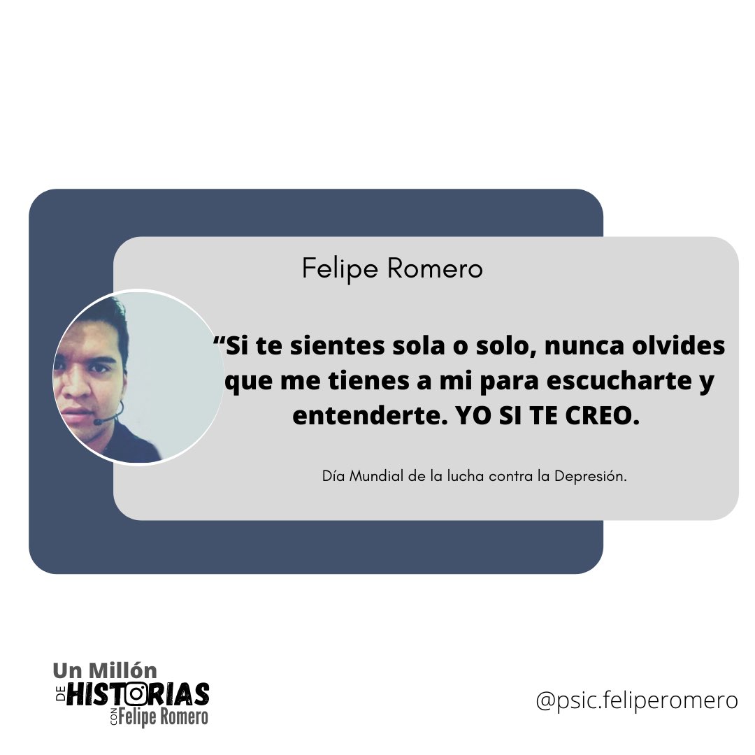 psicfeliperomer's tweet photo. Hemos escuchado en un amigo o amiga que le han dicho que lo que siente no es verdad, que se está haciendo, que está jugando, que es victima, que eso no es nada. 

Hoy que se celebra el día mundial por la lucha contra la Depresión. Tu salud mental tiene valor https://t.co/0FijO1nnIi