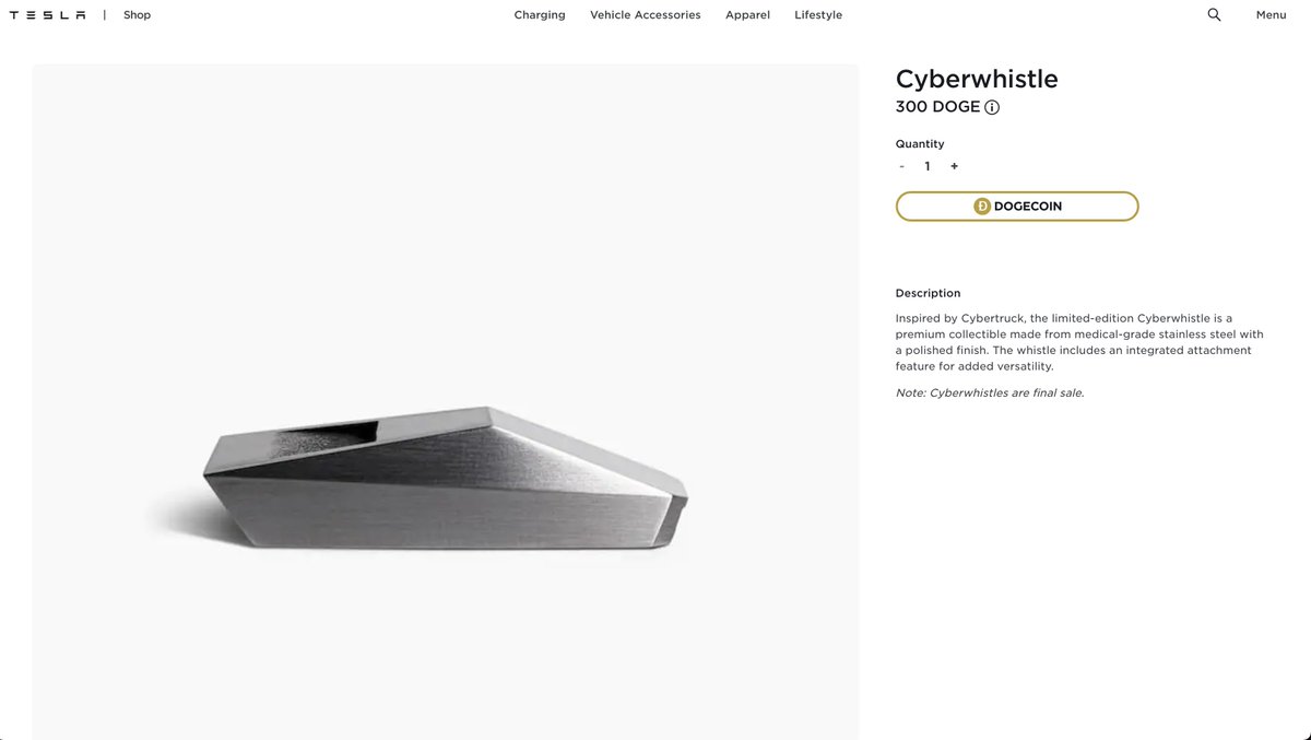 SawyerMerritt's tweet photo. BREAKING: Tesla has launched Dogecoin purchases on their online shop! You can purchase the Cyberwhistle for 300 $DOGE. The Giga Texas Belt Buckle is 835 $DOGE

Link: https://t.co/VZhhL4PbWH https://t.co/iPTwRUWMOS
