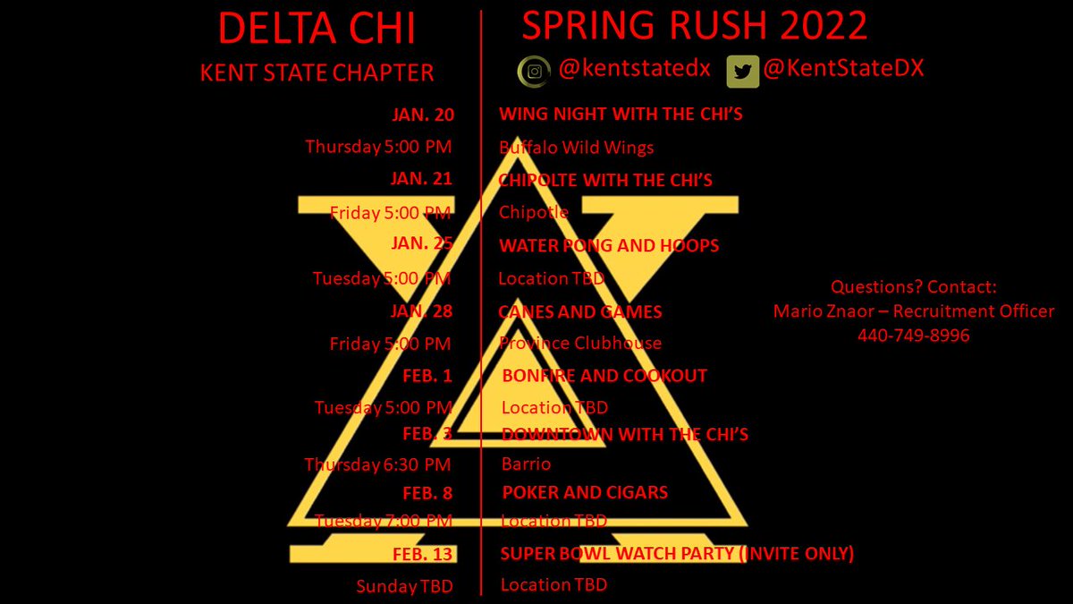 KentStateDX's tweet image. Here is the official 2022 Spring Rush schedule for Delta Chi! Mark the dates on your calendars!